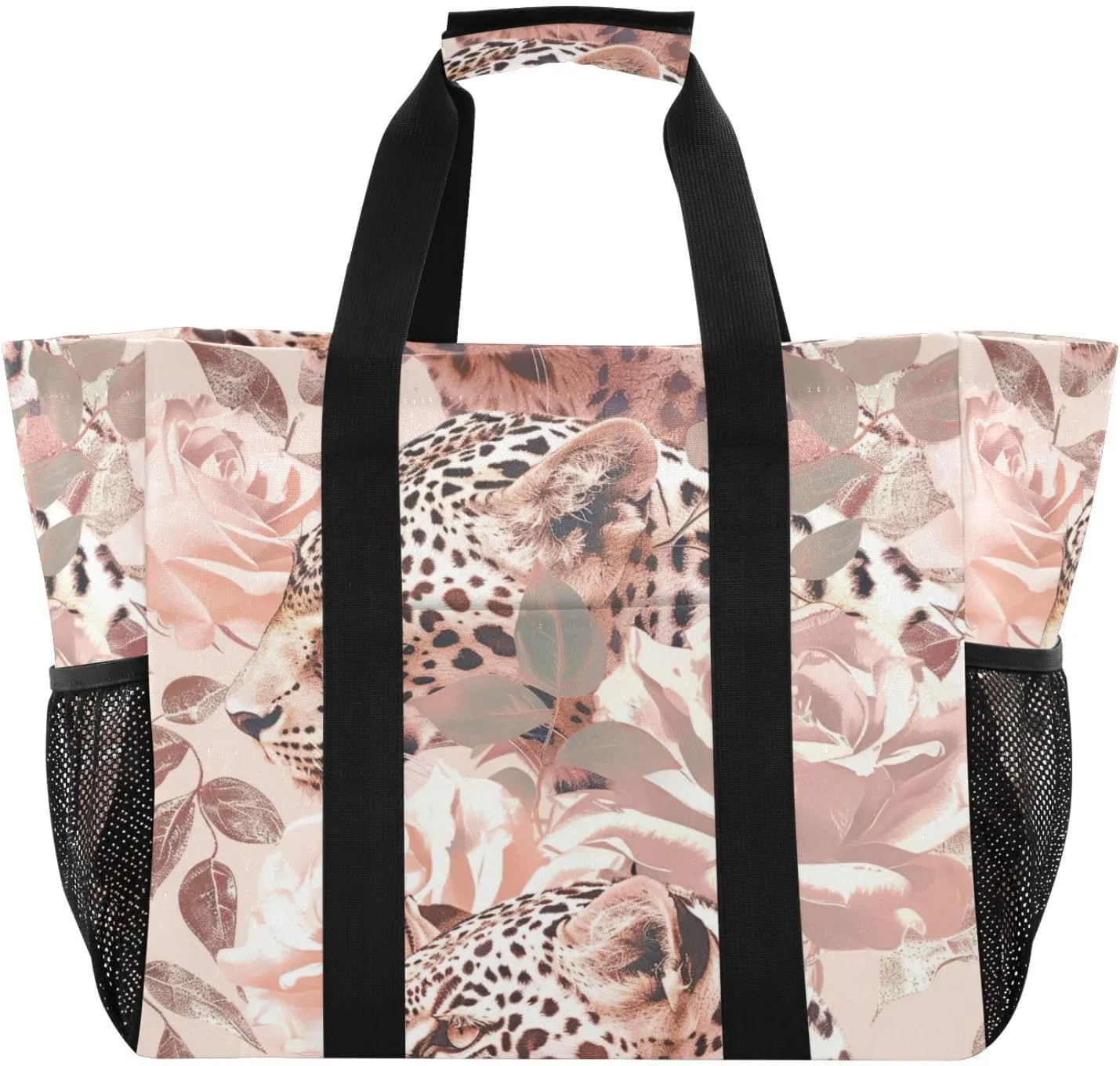 Nander Rose Gold Leopard Pattern Foldable Tote Bag Waterproof Sandproof Women Beach Bag Handbag Gym Bag