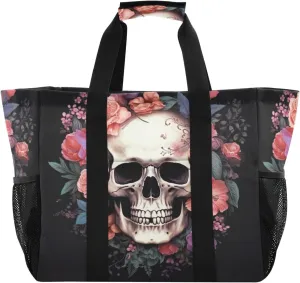 Nander Skull and Flowers Foldable Tote Bag Waterproof Sandproof Women Beach Bag Handbag Gym Bag
