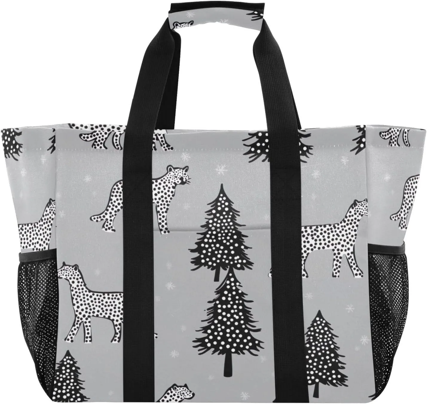 Nander Spotted Leopard and Christmas Tree Foldable Tote Bag Waterproof Sandproof Women Beach Bag Handbag Gym Bag Travel Shopping Bag
