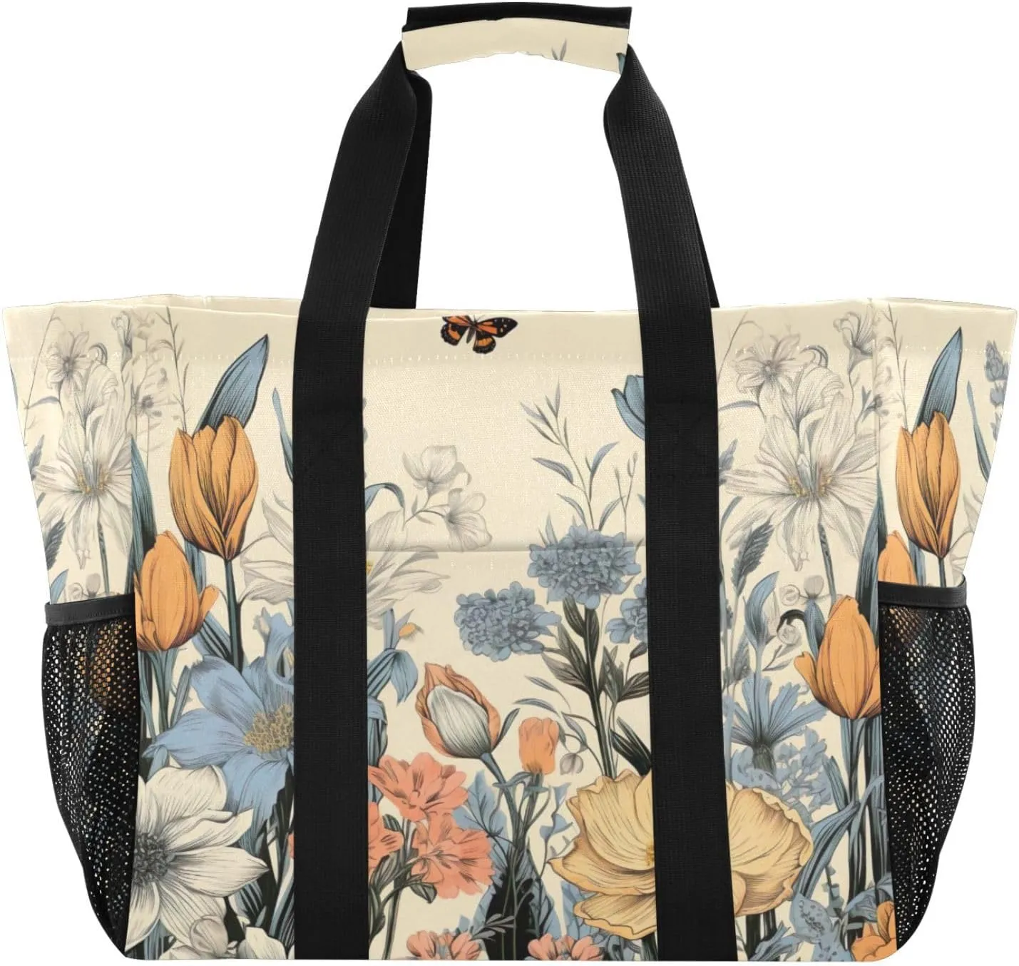 Nander Spring Wildflowers Foldable Tote Bag Waterproof Sandproof Women Beach Bag Handbag Gym Bag Travel Shopping Bag