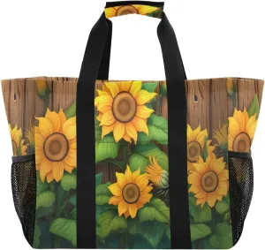 Nander Sunflower Wood Background Foldable Tote Bag Waterproof Sandproof Women Beach Bag Handbag Gym Bag