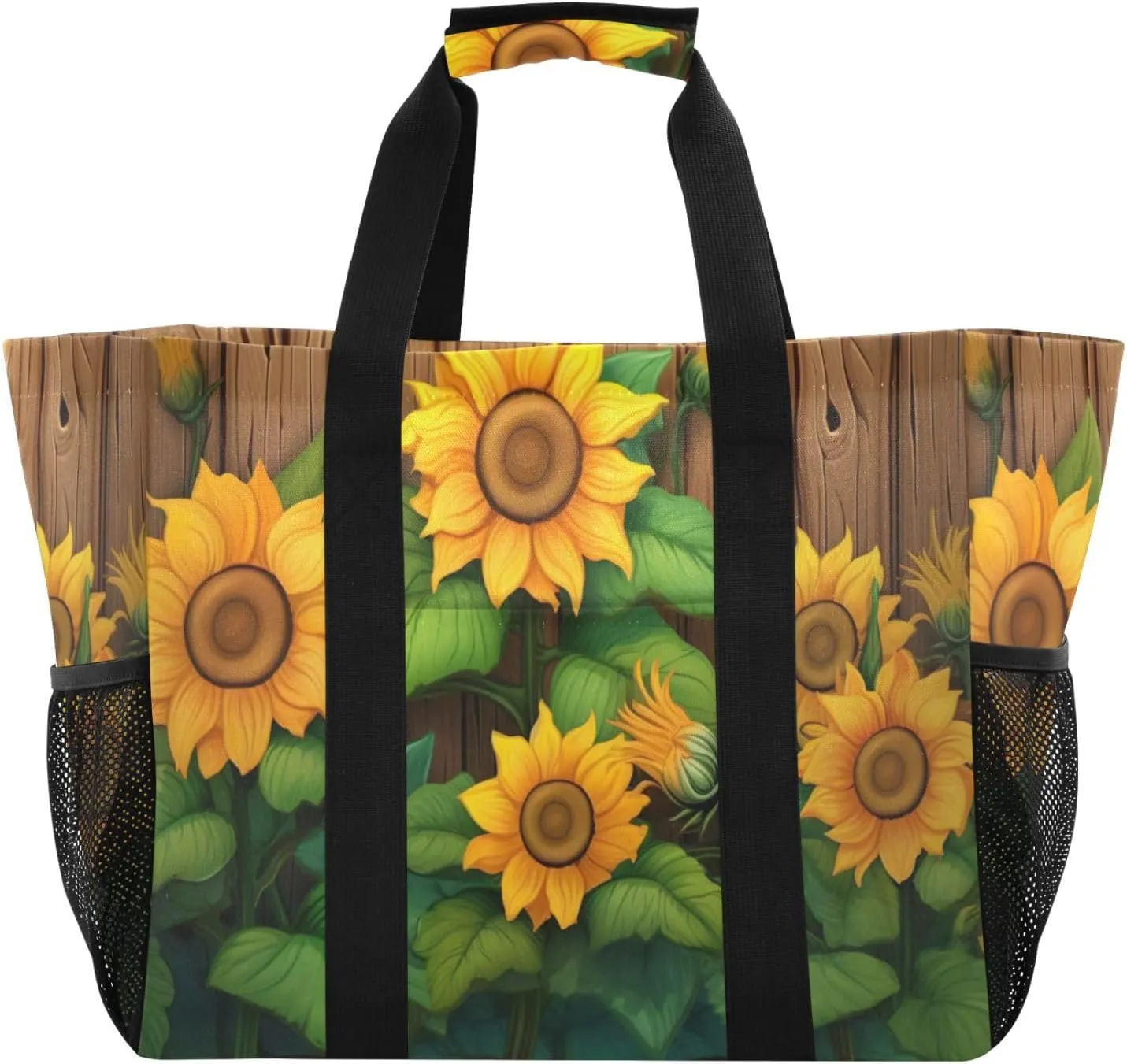 Nander Sunflower Wood Background Foldable Tote Bag Waterproof Sandproof Women Beach Bag Handbag Gym Bag