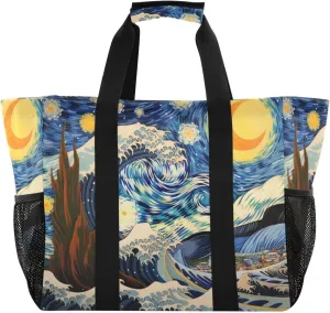 Nander Wave Starry Sky Foldable Tote Bag Waterproof Sandproof Women Beach Bag Handbag Gym Bag Travel Shopping Bag