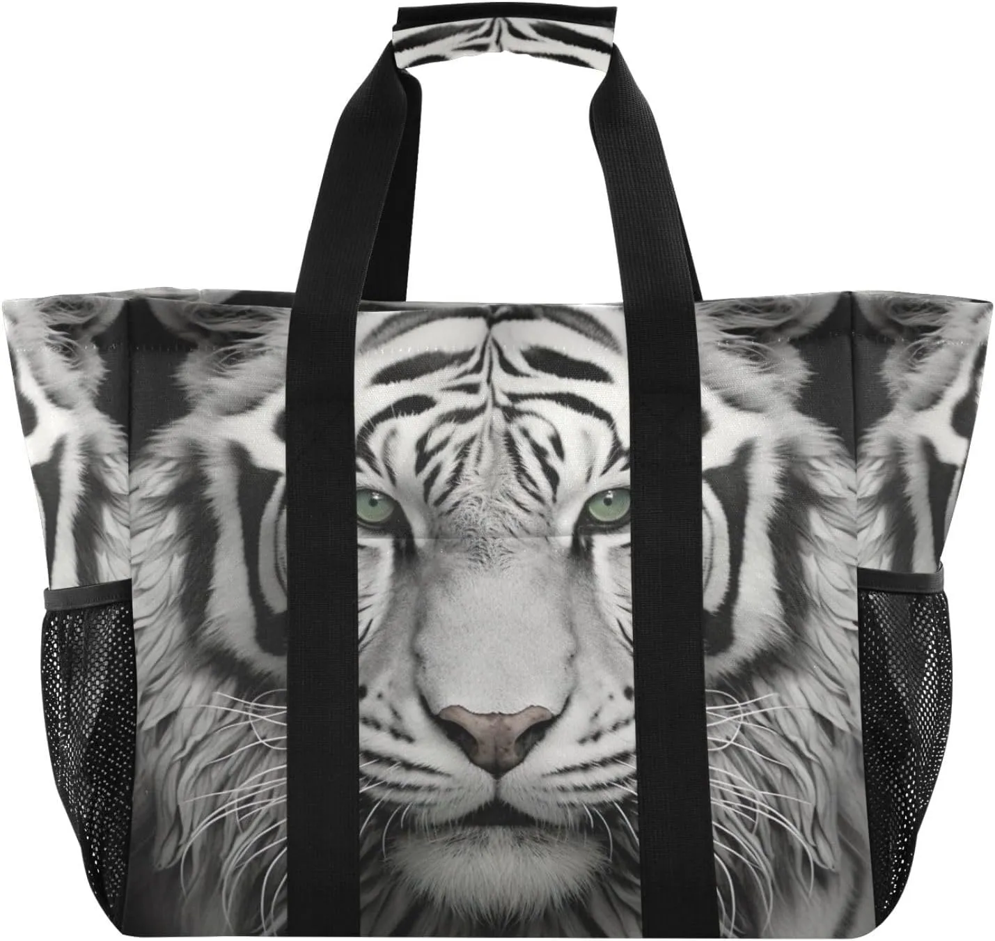 Nander White Tiger with Green Eyes Foldable Tote Bag Waterproof Sandproof Women Beach Bag Handbag Gym Bag