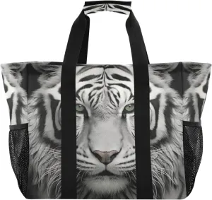 Nander White Tiger with Green Eyes Foldable Tote Bag Waterproof Sandproof Women Beach Bag Handbag Gym Bag