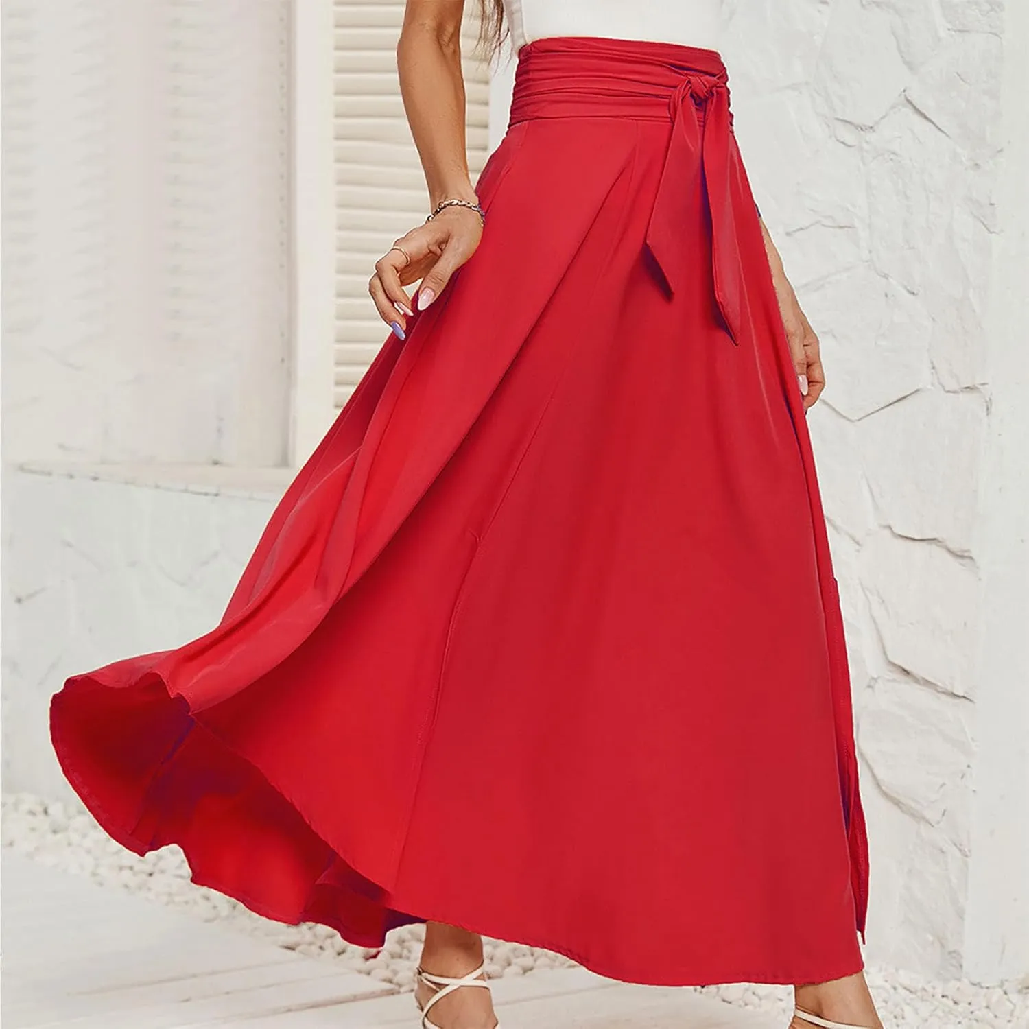 NATHGAM Long Skirts for Women High Waist Bowknot A-Line Prom Party Skirt Long Satin Floor Length Pleated Maxi Skirt Flowy Hem