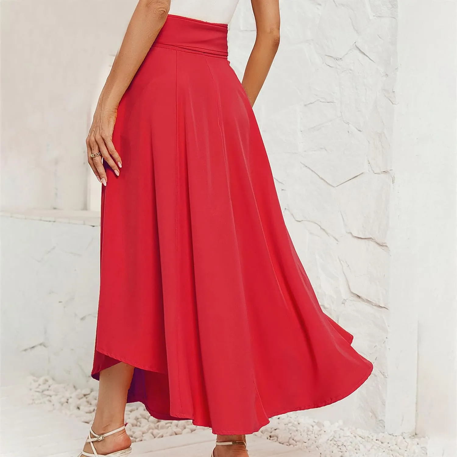 NATHGAM Long Skirts for Women High Waist Bowknot A-Line Prom Party Skirt Long Satin Floor Length Pleated Maxi Skirt Flowy Hem