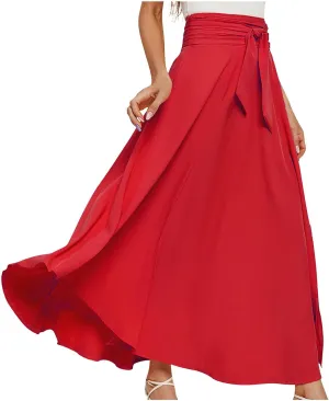 NATHGAM Long Skirts for Women High Waist Bowknot A-Line Prom Party Skirt Long Satin Floor Length Pleated Maxi Skirt Flowy Hem