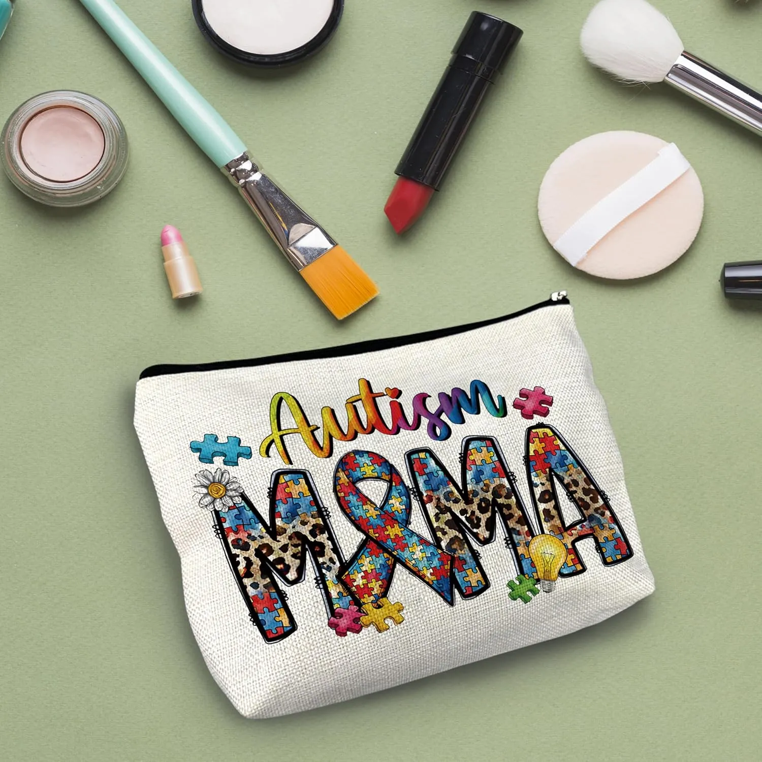 NATSUNO Autism Mom Gifts, Leopard Autism Mama Makeup Cosmetic Bag - Autism Awareness Gifts, Mama Gifts for Mothers Day, Mom Mother Gifts from Daughters Sons, Mom Small Makeup Bag Pouch for Purse