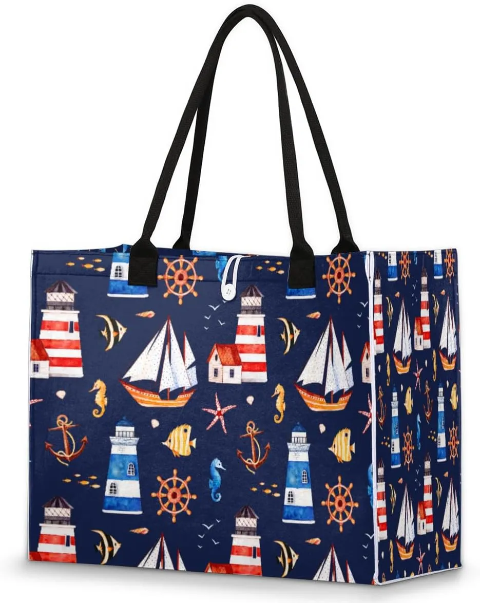 Nautical Lighthouse Ship Sailboat Tote Bag for Women Large Beach Bag Reusable Grocery Bags Tote Bag for Work Shopping Travel Beach