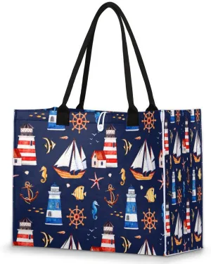 Nautical Lighthouse Ship Sailboat Tote Bag for Women Large Beach Bag Reusable Grocery Bags Tote Bag for Work Shopping Travel Beach