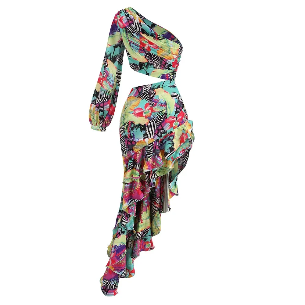One Shoulder Floral Printed Ruflles Dress
