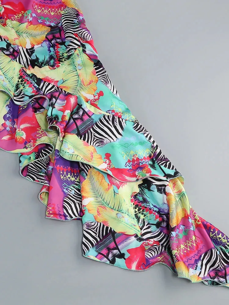 One Shoulder Floral Printed Ruflles Dress