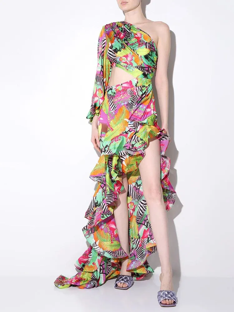 One Shoulder Floral Printed Ruflles Dress