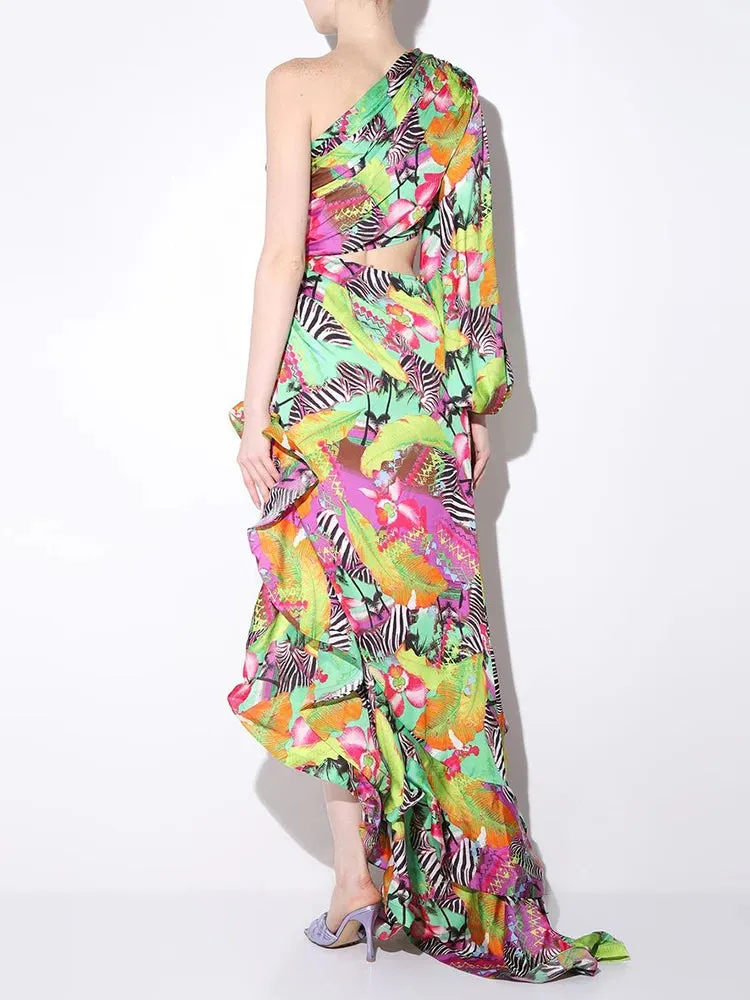 One Shoulder Floral Printed Ruflles Dress
