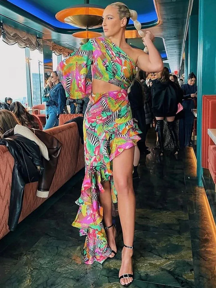 One Shoulder Floral Printed Ruflles Dress