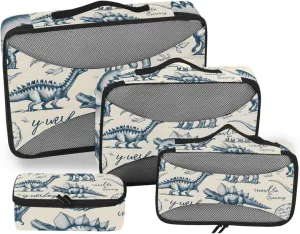 Packing Cubes for Travel 4 Set Dinosaurs Retro Dino Luggage Set Suitcase Organizer Bags Mesh Accessories Storage Pouch Toiletry Packing Cubes