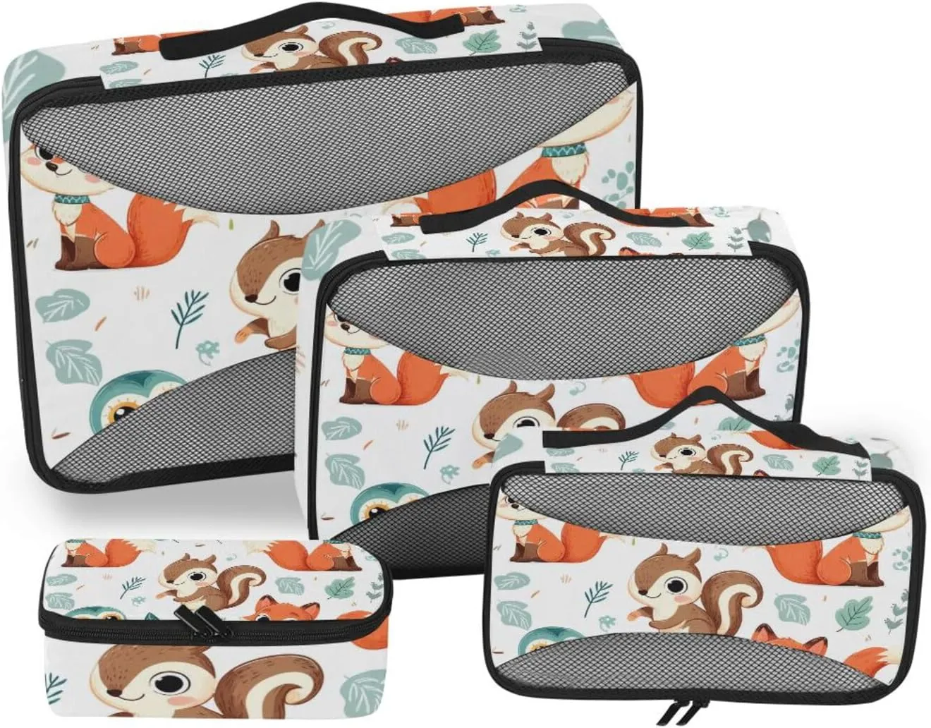 Packing Cubes for Travel 4 Set Rabbit Squirrel Fox Owl Leaf Luggage Set Suitcase Organizer Bags Mesh Accessories Storage Pouch Toiletry Packing Cubes
