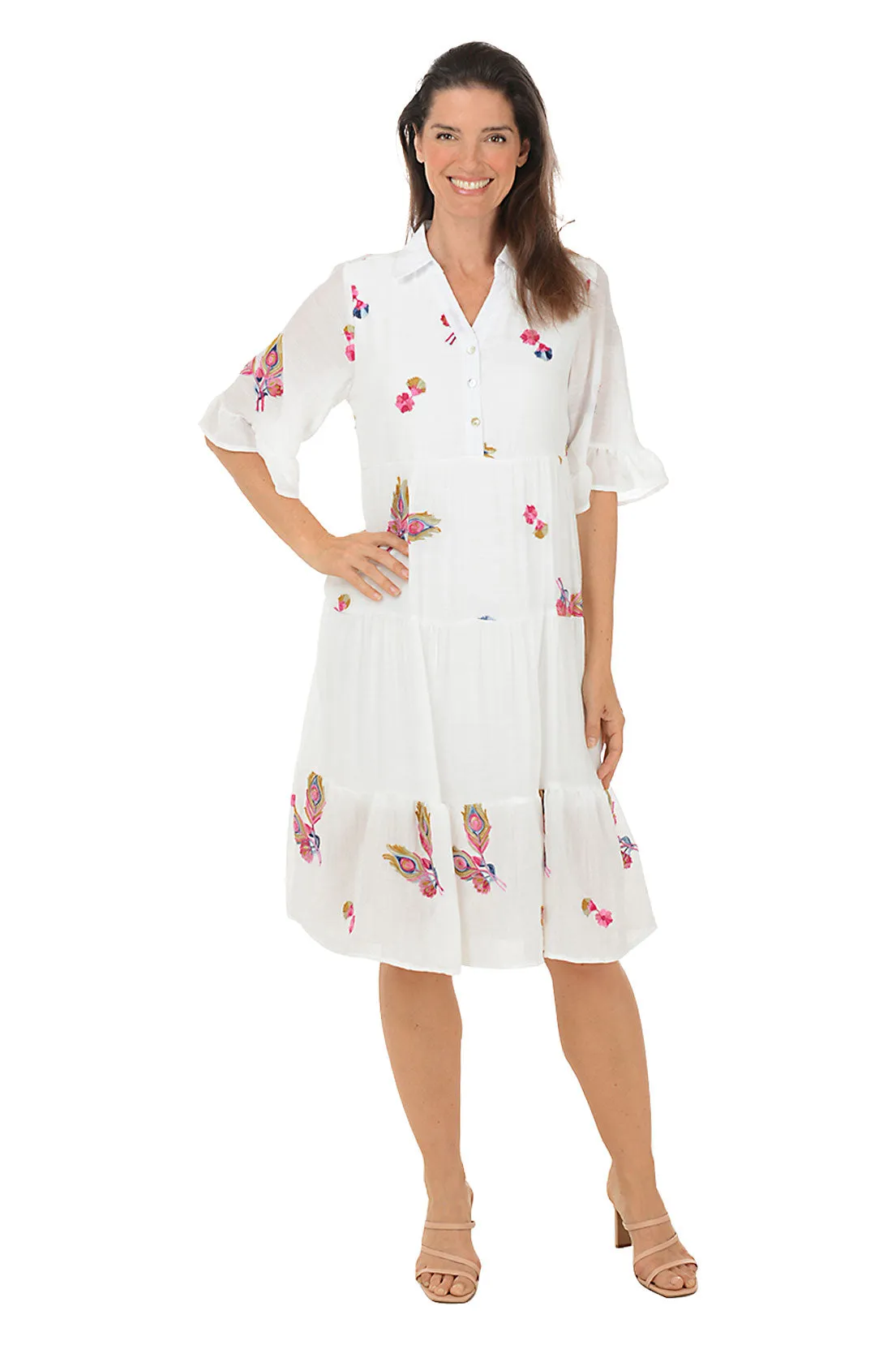 Peacock Feather Embroidered Tiered Dress