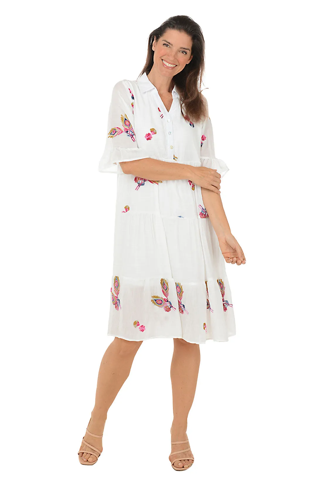 Peacock Feather Embroidered Tiered Dress