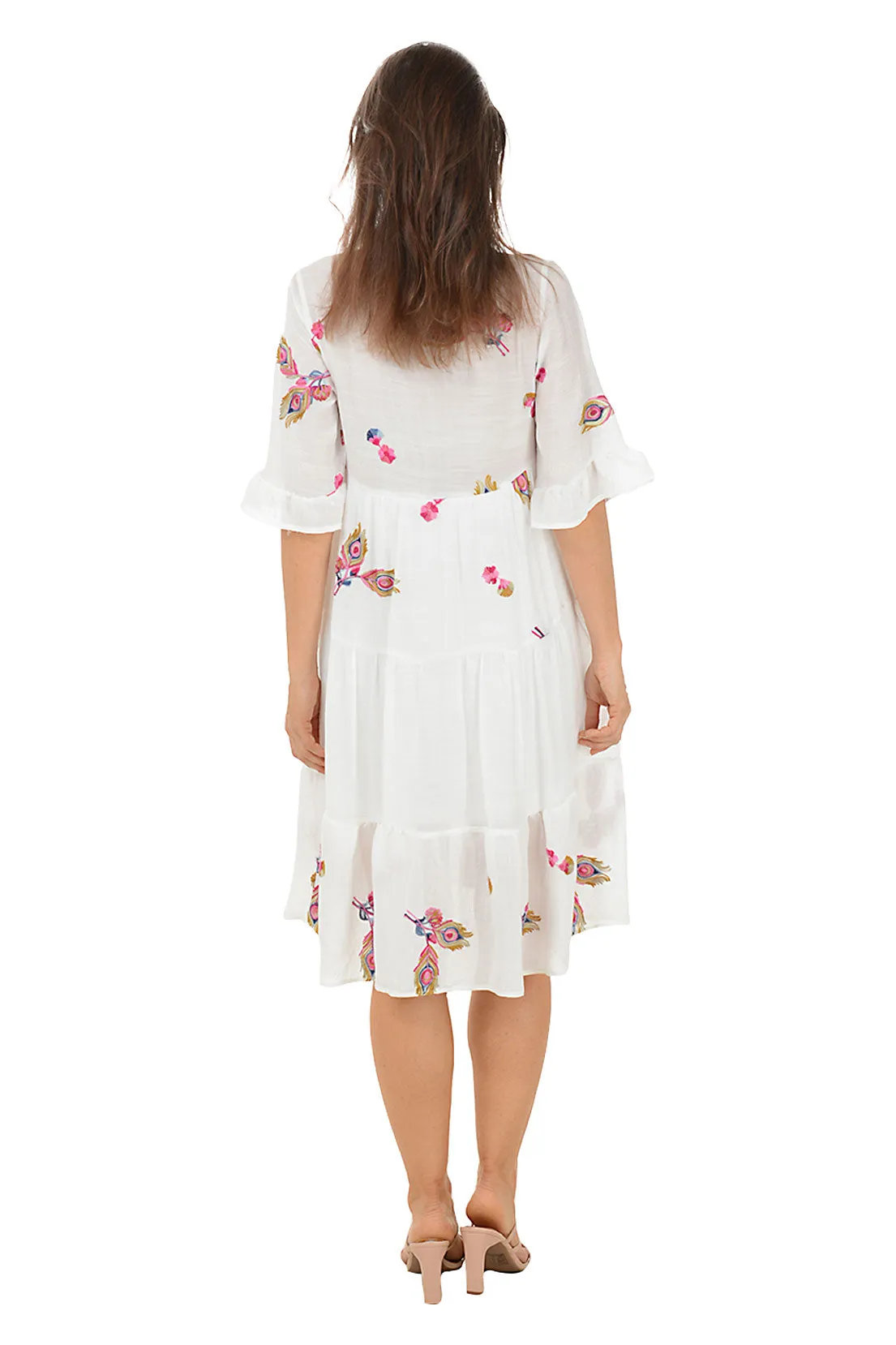 Peacock Feather Embroidered Tiered Dress