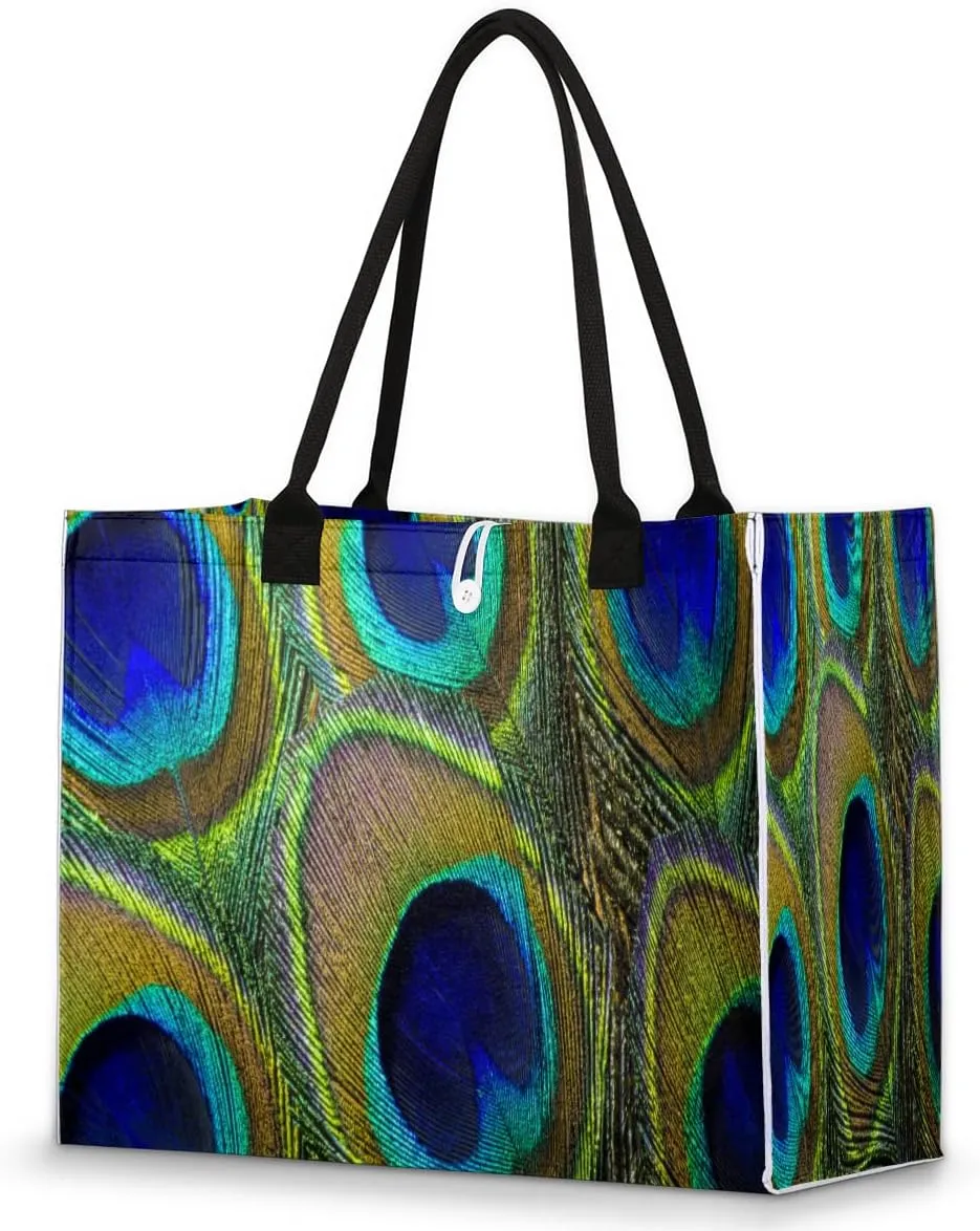 Peacock Feather Patterns Tote Bag for Women Large Beach Bag Reusable Grocery Bags Tote Bag for Work Shopping Travel Beach