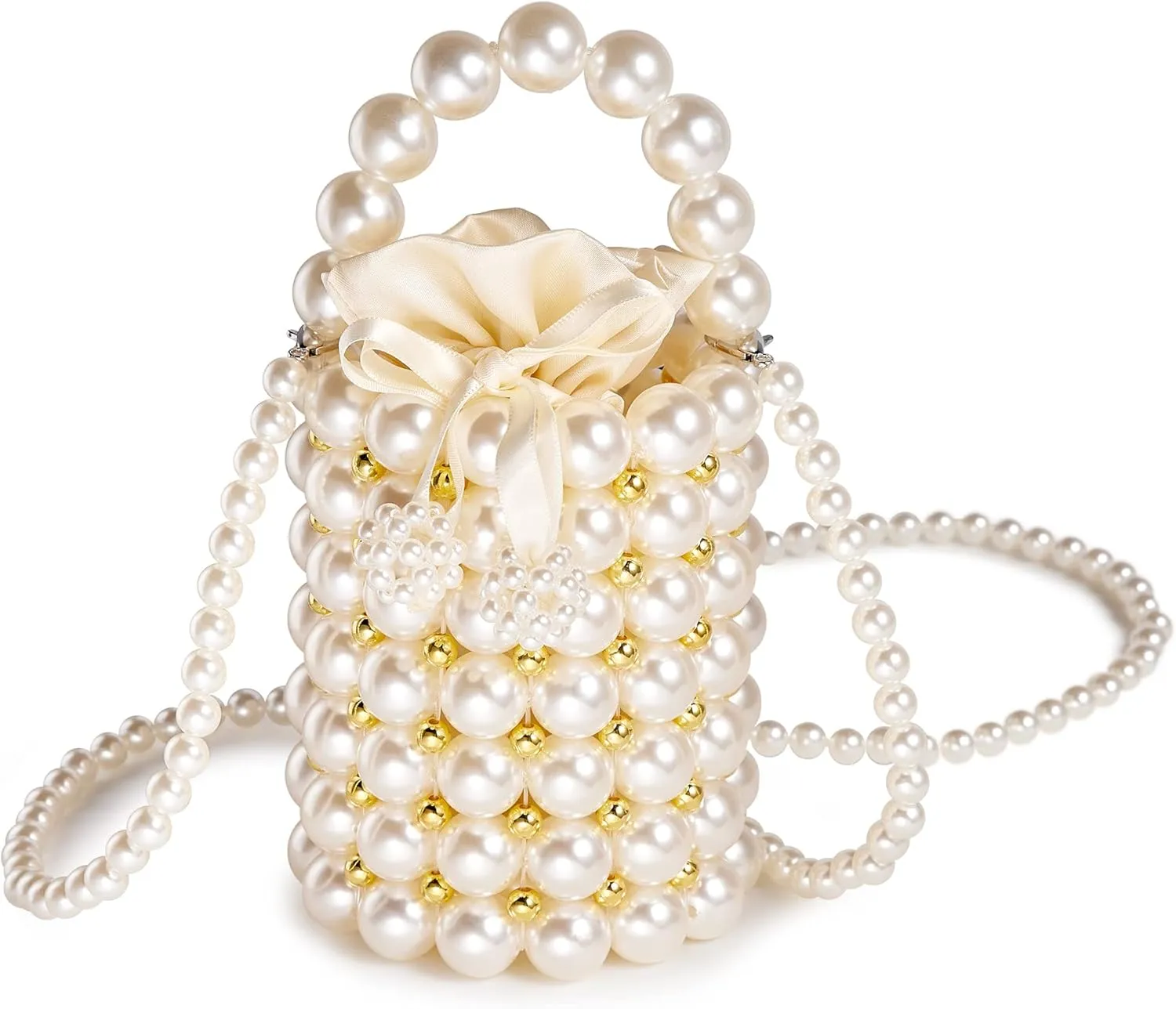 Pearls Purses Beaded Clutches Bucket Handbag Women's Small Handmade Bags with Detachable Chain And Inner Bag