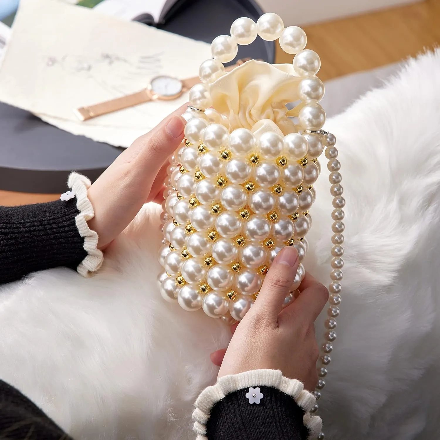 Pearls Purses Beaded Clutches Bucket Handbag Women's Small Handmade Bags with Detachable Chain And Inner Bag