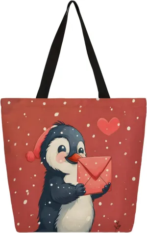 Penguin Love Snowflake Large Capacity Canvas Tote Bag Stylish Handheld Shoulder Bag Reusable Shopping Bag for Work Travel Beach Trips Shopping