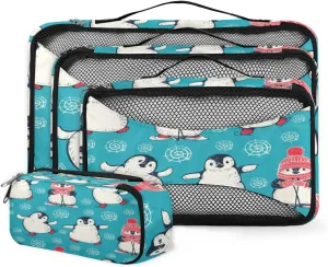 Penguins Cartoon Pattern 4 Piece Packing Travel Organizer Cubes Set Mesh Fabric Ventilate Design Lightweight Travel Accessories 4 Sizes (Extra Large, Large, Medium, Small)
