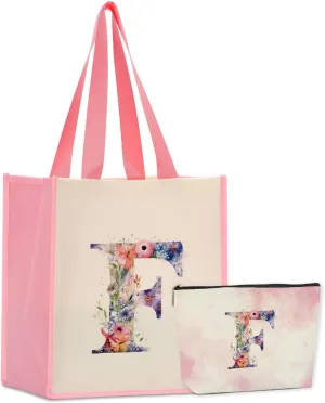 Personalized Canvas Tote & Makeup Initial Monogrammed Canvas Bag for Women - Work, Birthday, Christmas