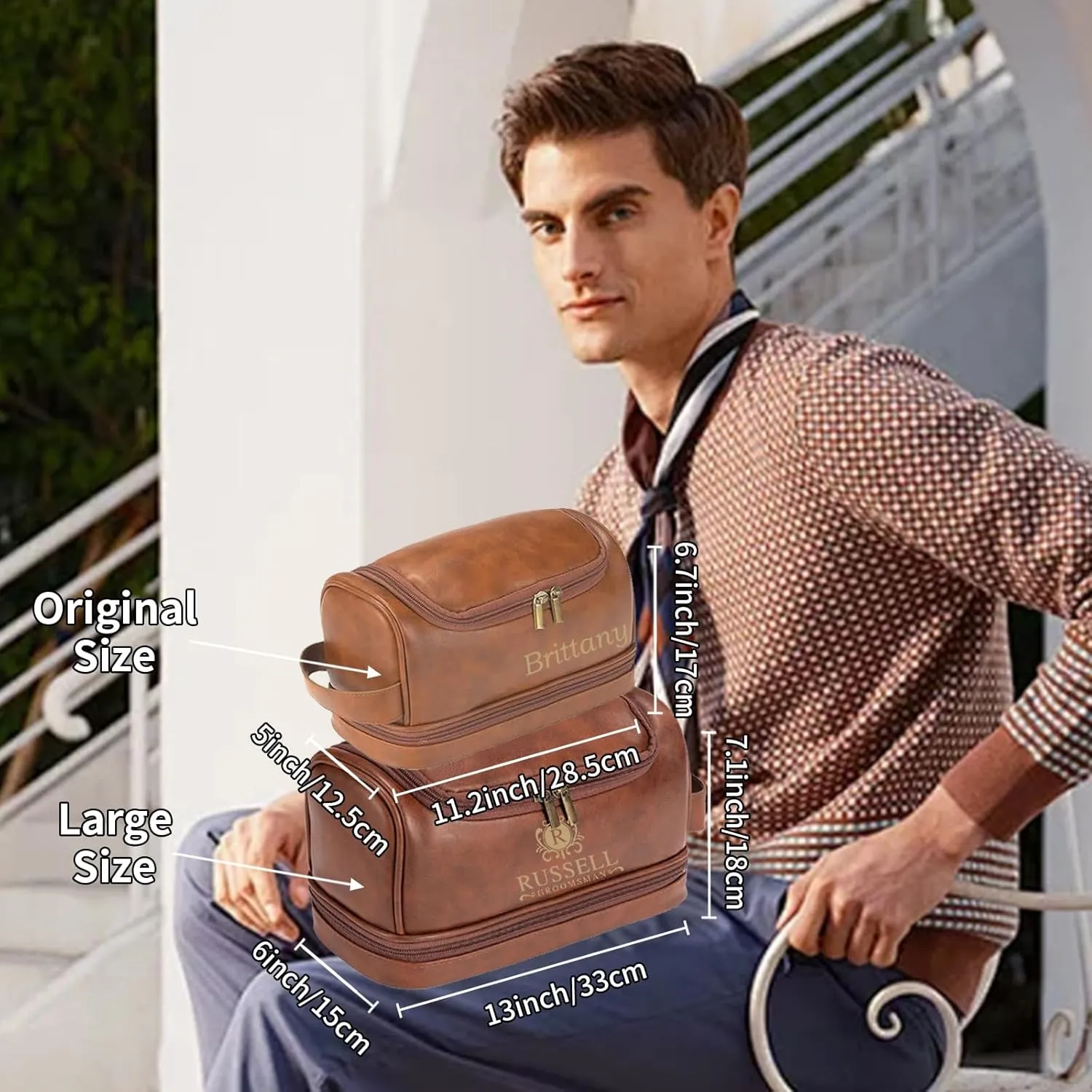 Personalized Leather Toiletry Bag for Men, Dad and Groomsmen, Large Capacity Printed Name, PU Leather Toiletry BagFather's Day | Wedding | Birthday |Gift for Dad Groomsman (L-7.1in*13in*6in)