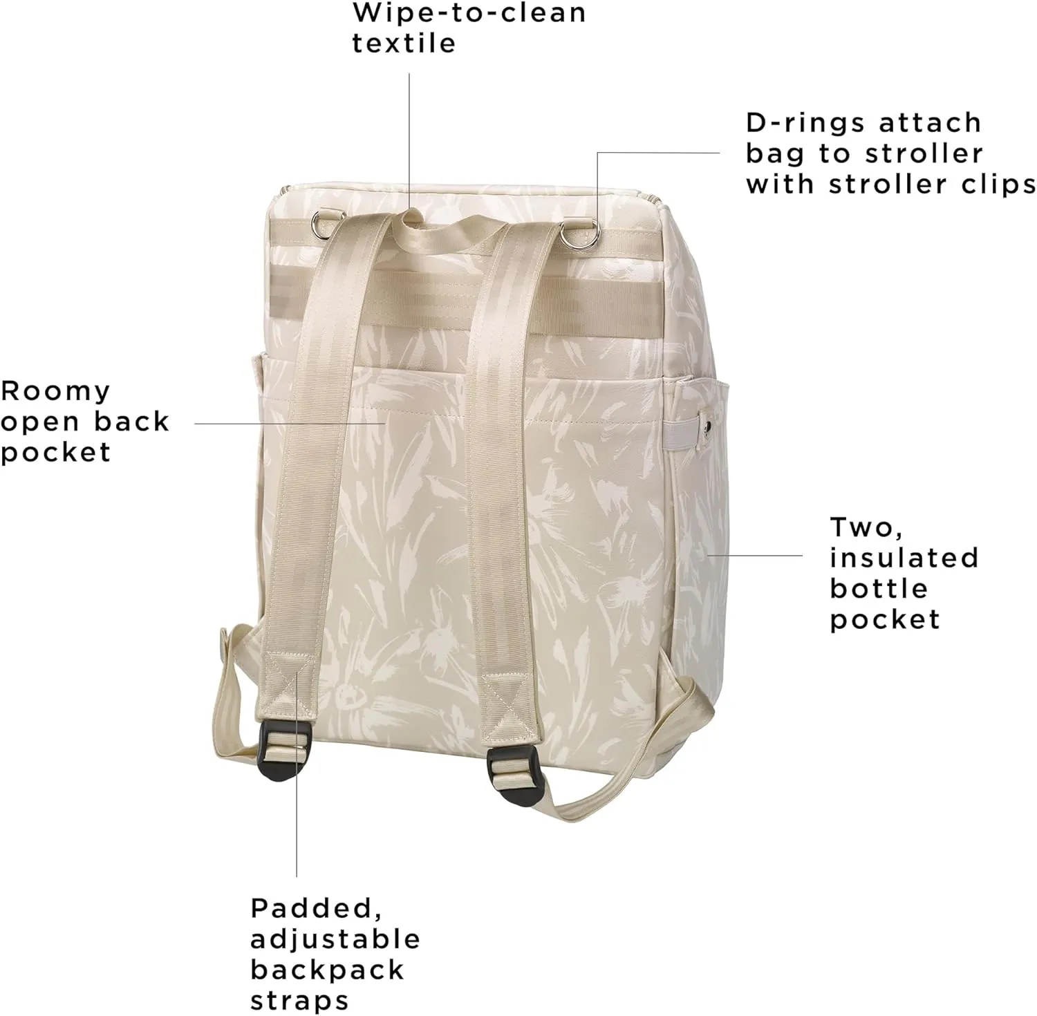 Petunia Pickle Bottom Tempo Backpack, Diaper Bag Designed for Busy Families, Attaches to Stroller or Suitcase, Spacious Main Compartment (Linen Blossoms)