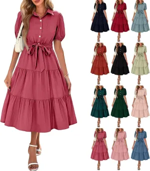 PETYCZEN Summer Dresses for Women 2025 Casual Tiered Dress Short Sleeve Button Down Belted Maxi Dress A Line Flowy Sundresses