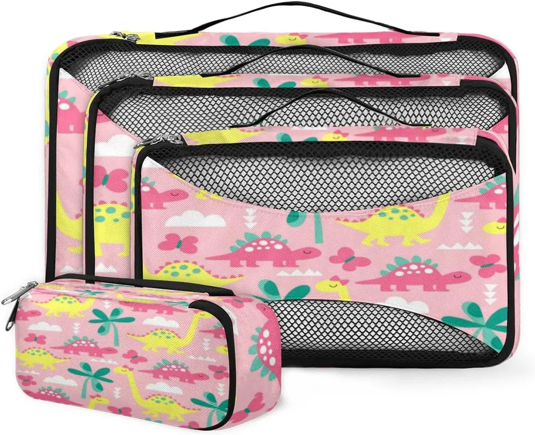 Pink Dinosaur 4 Piece Packing Travel Organizer Cubes Set Mesh Fabric Ventilate Design Lightweight Travel Accessories 4 Sizes (Extra Large, Large, Medium, Small)