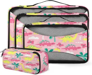 Pink Dinosaur 4 Piece Packing Travel Organizer Cubes Set Mesh Fabric Ventilate Design Lightweight Travel Accessories 4 Sizes (Extra Large, Large, Medium, Small)