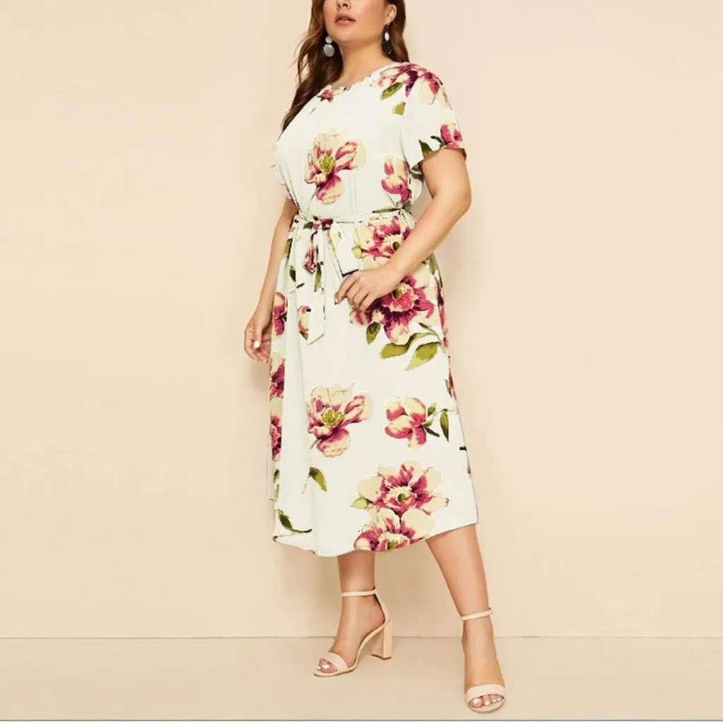 Plus Size Floral Dress for Women Midi Crew Neck Swing Dresses with Belt