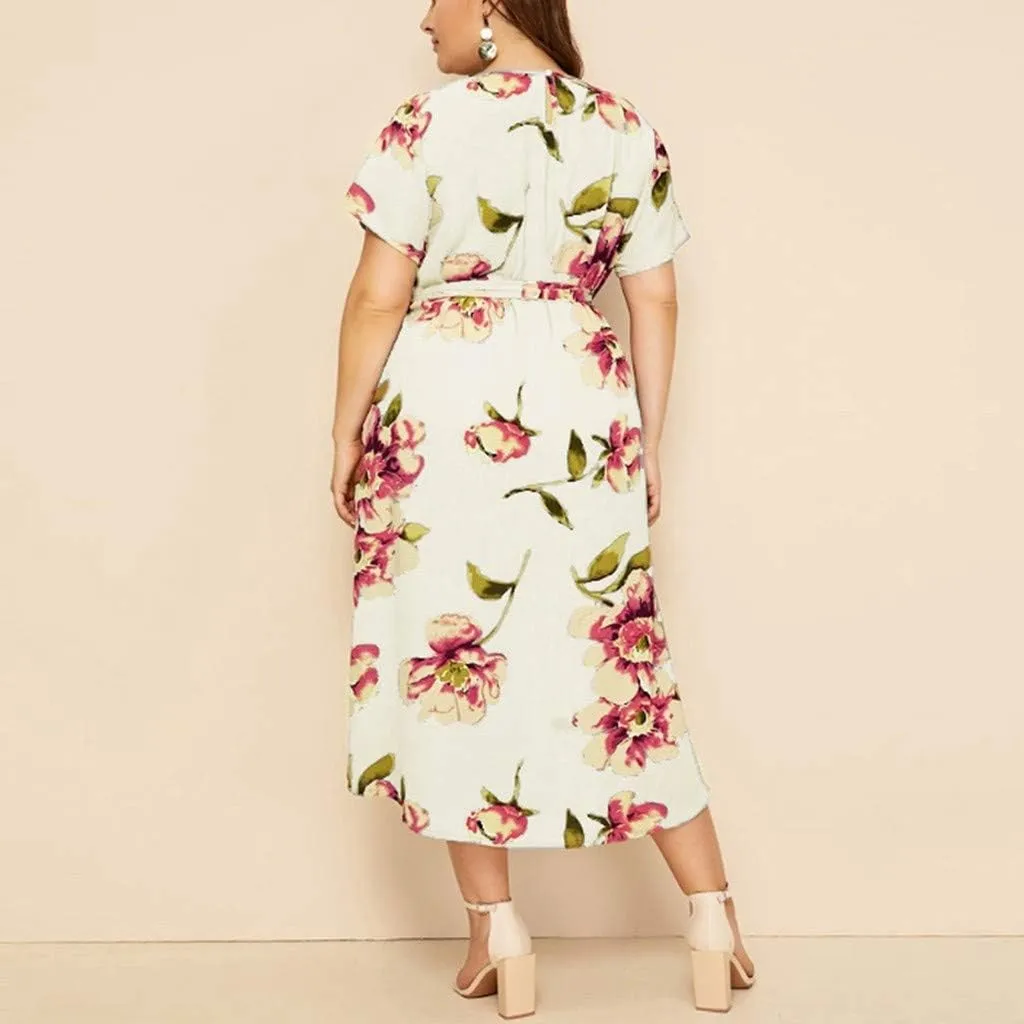 Plus Size Floral Dress for Women Midi Crew Neck Swing Dresses with Belt