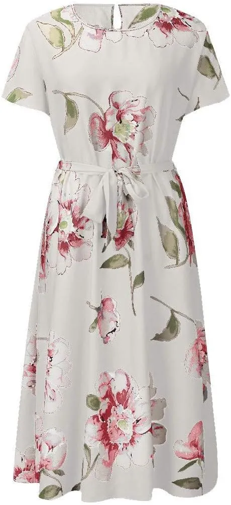 Plus Size Floral Dress for Women Midi Crew Neck Swing Dresses with Belt