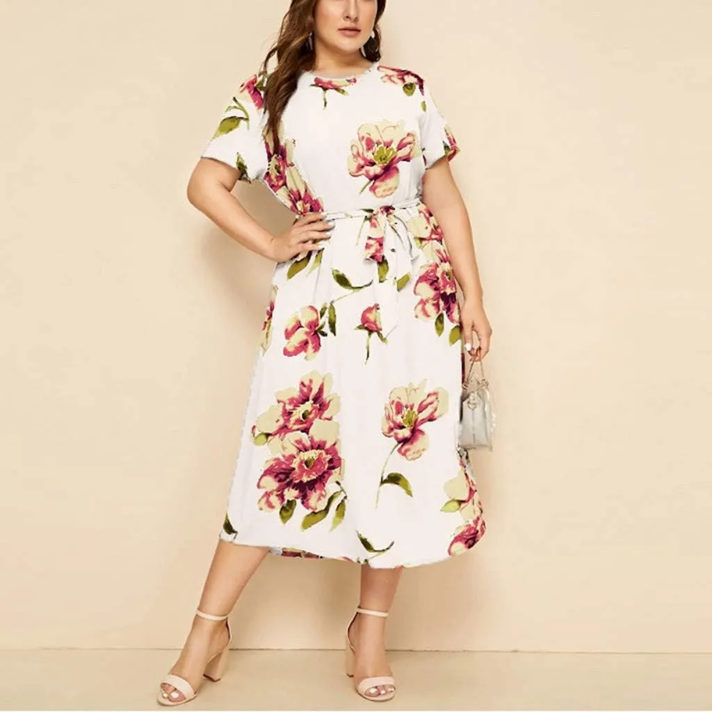 Plus Size Floral Dress for Women Midi Crew Neck Swing Dresses with Belt
