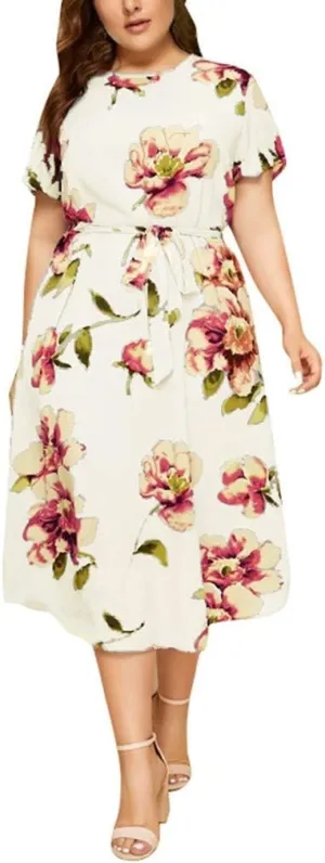 Plus Size Floral Dress for Women Midi Crew Neck Swing Dresses with Belt