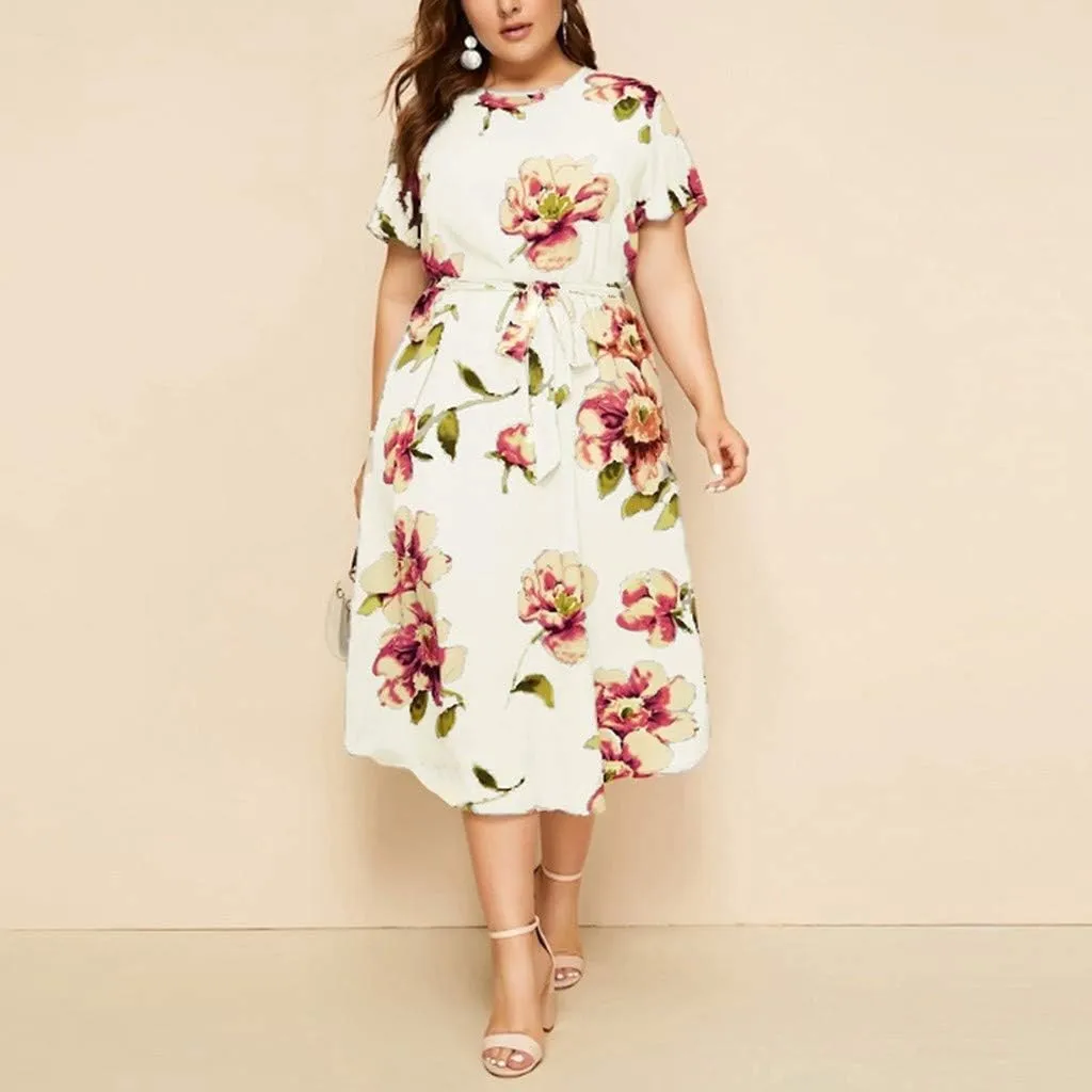 Plus Size Floral Dress for Women Midi Crew Neck Swing Dresses with Belt