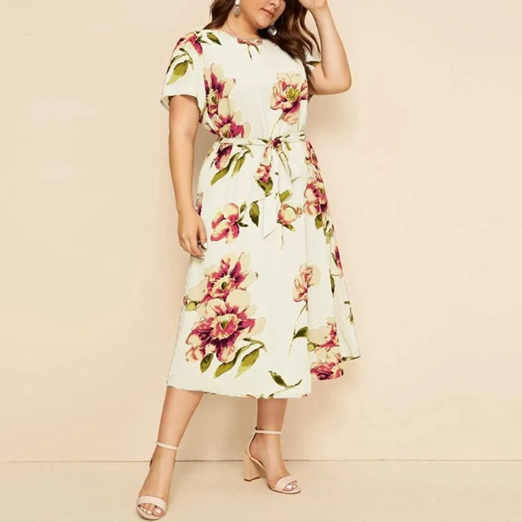 Plus Size Floral Dress for Women Midi Crew Neck Swing Dresses with Belt