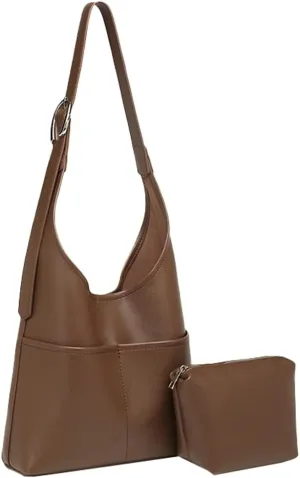 Pocadri 2pcs Vegan Leather Bags for Women Slouchy Tote Purse Retro Large Hobo Bag Shoulder Handbag