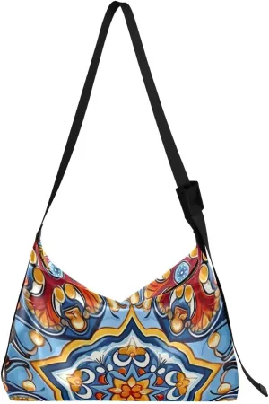 Portuguese Talavera Orange Tote Bag for Women Large Hobo Bags Crossbody Bags Leather Tote with Adjustable Strap for School