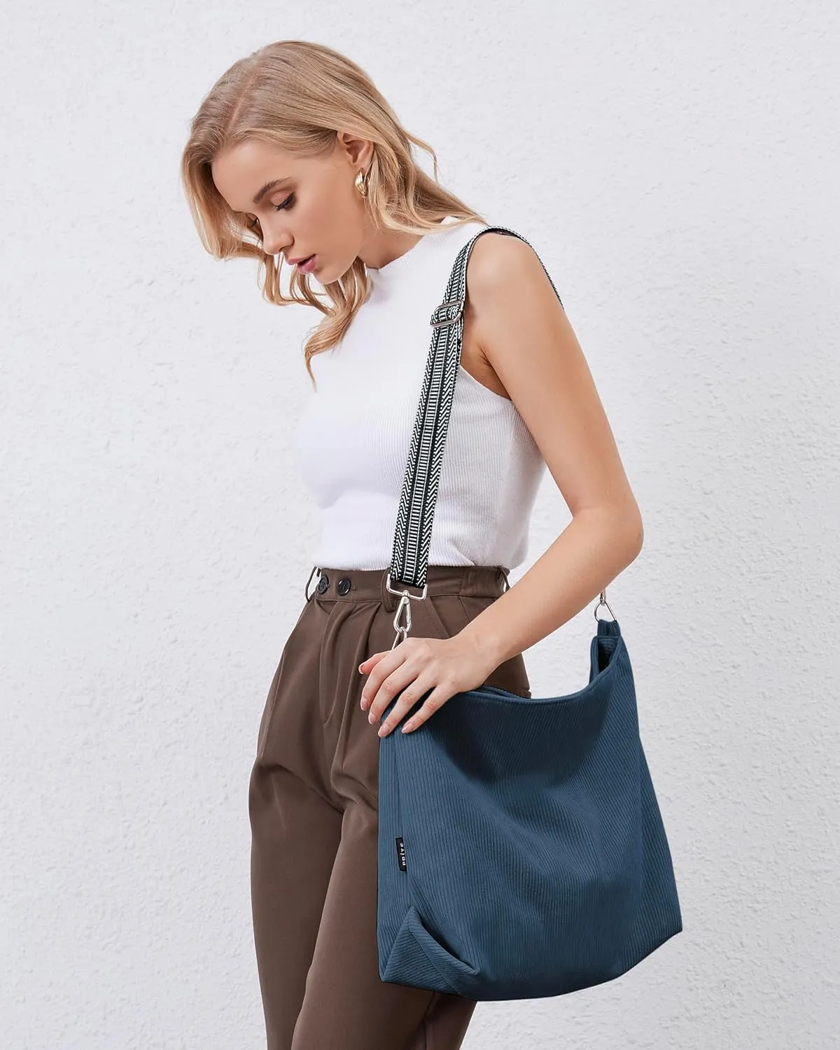 Prite Womens Corduroy Tote Bag with Zipper, Stylish Shoulder Bag with Adjustment Straps for Work, Travel, Daily Use