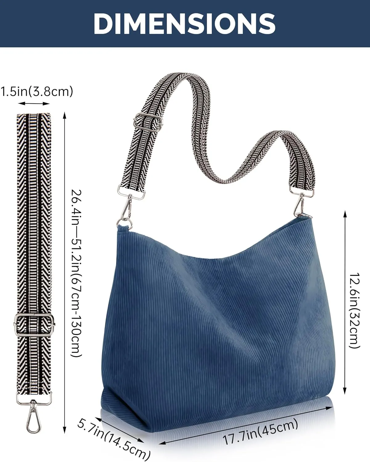 Prite Womens Corduroy Tote Bag with Zipper, Stylish Shoulder Bag with Adjustment Straps for Work, Travel, Daily Use