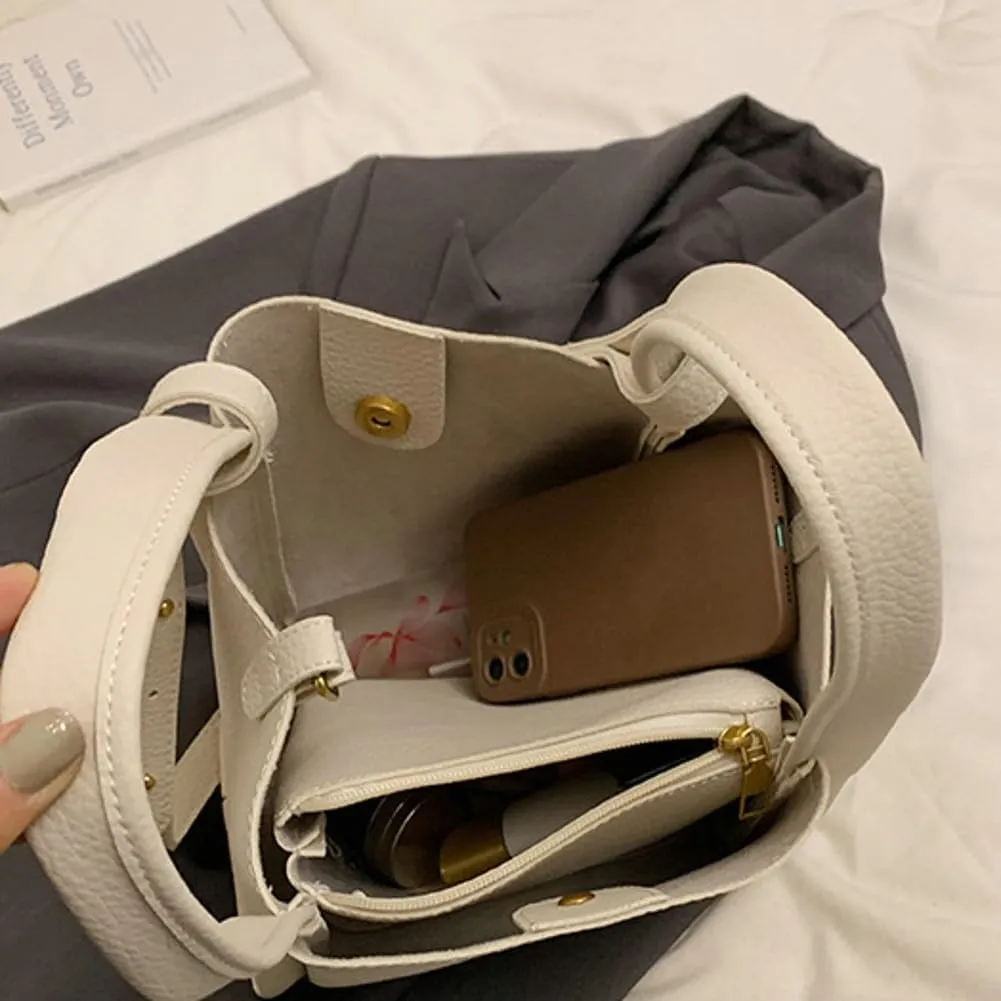 PU Leather Bucket Bags Vegetable Basket for Women Medium handbag Removable Shoulder Strap