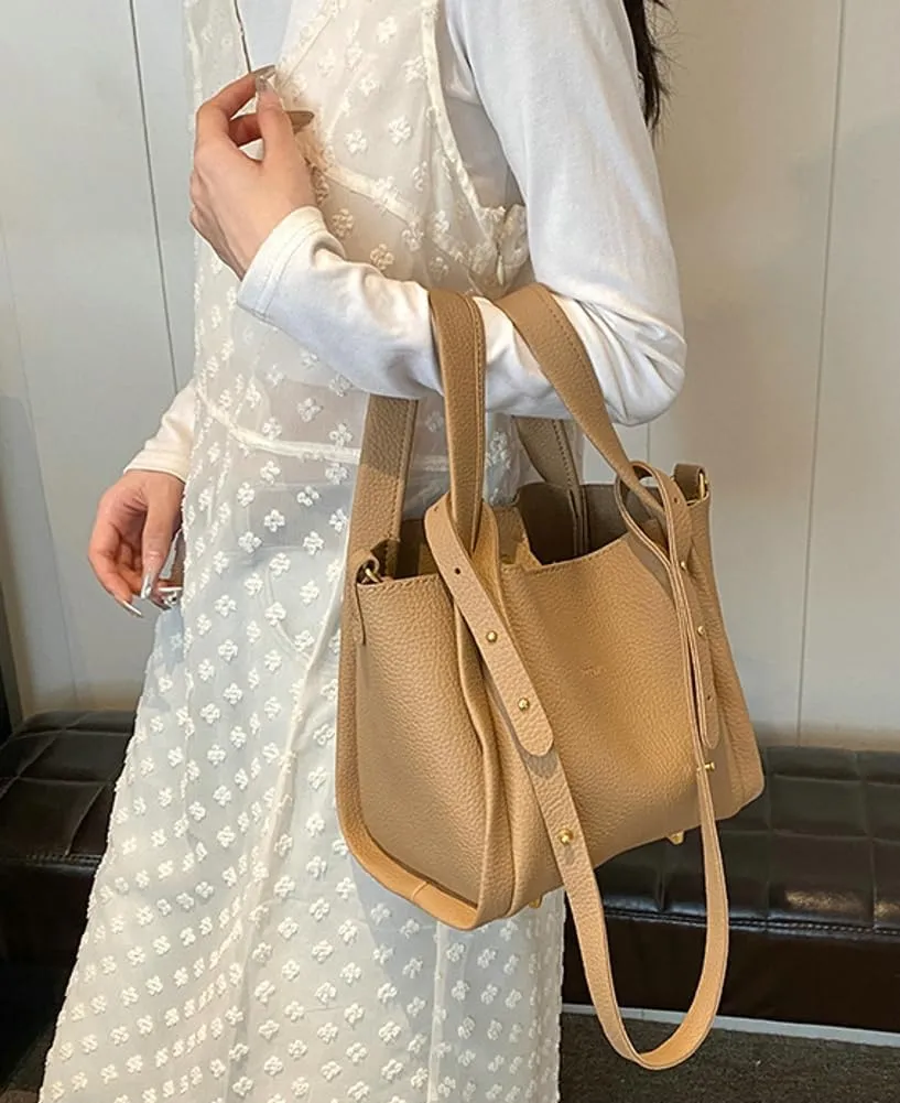 PU Leather Bucket Bags Vegetable Basket for Women Medium handbag Removable Shoulder Strap