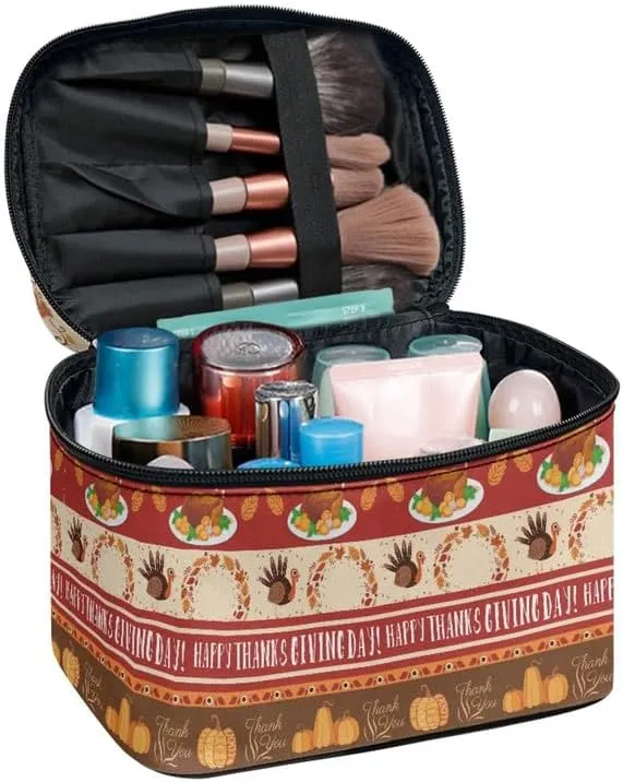Pumpkin Cosmetic Bag Toiletry Organizer, Thanksgiving Turkey Portable Zipper Travel Makeup Bags, Fall Maple Leaves for Women Girl
